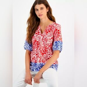 Tommy Hilfiger Red, Blue Floral Print Puff Sleeve Top Blouse Size XS